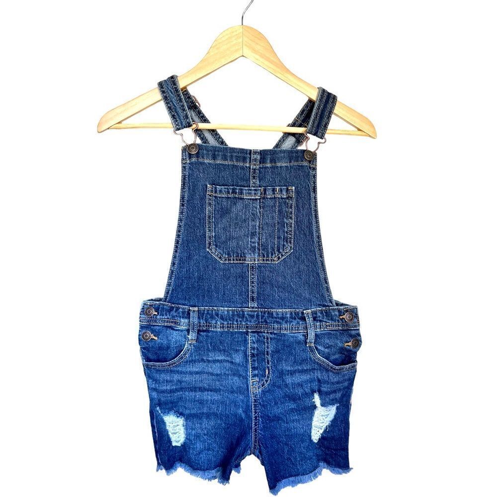 Cat & Jack Blue Denim Distressed Stretch Shortalls. Overalls. 10-12. Large.